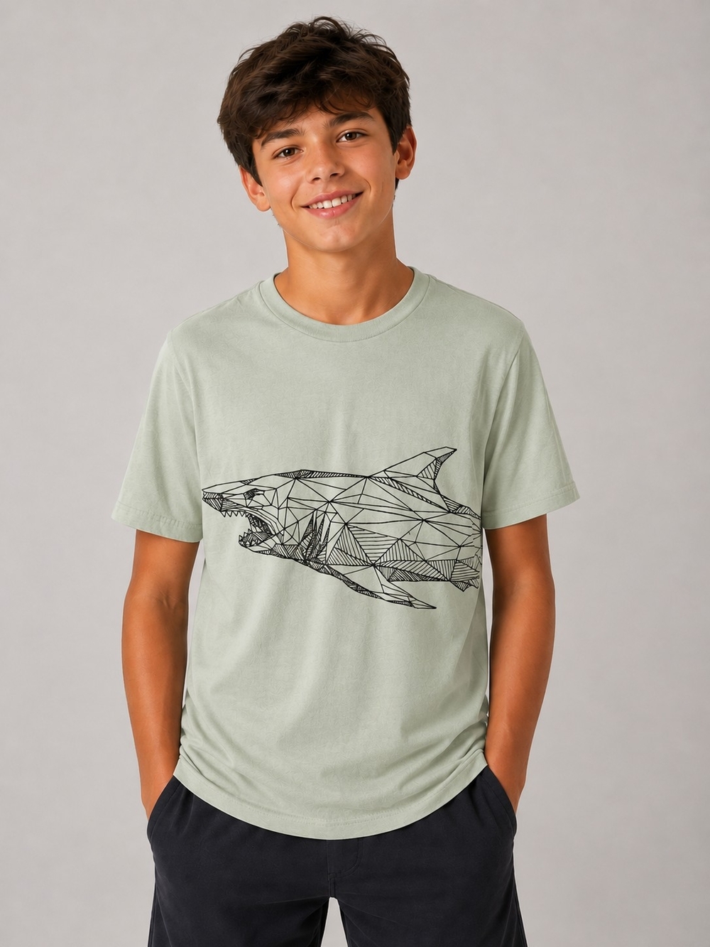 GAP Boys Youh Sage Green Geometric Shark Graphic T-Shirt – XXL 14–16